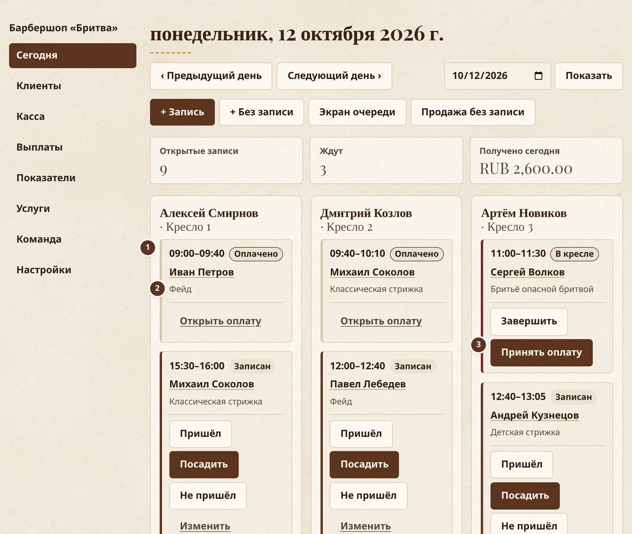 Журнал Corte y Barba: день трёх мастеров, у каждого своя колонка, с оплаченными, текущими и предстоящими записями
