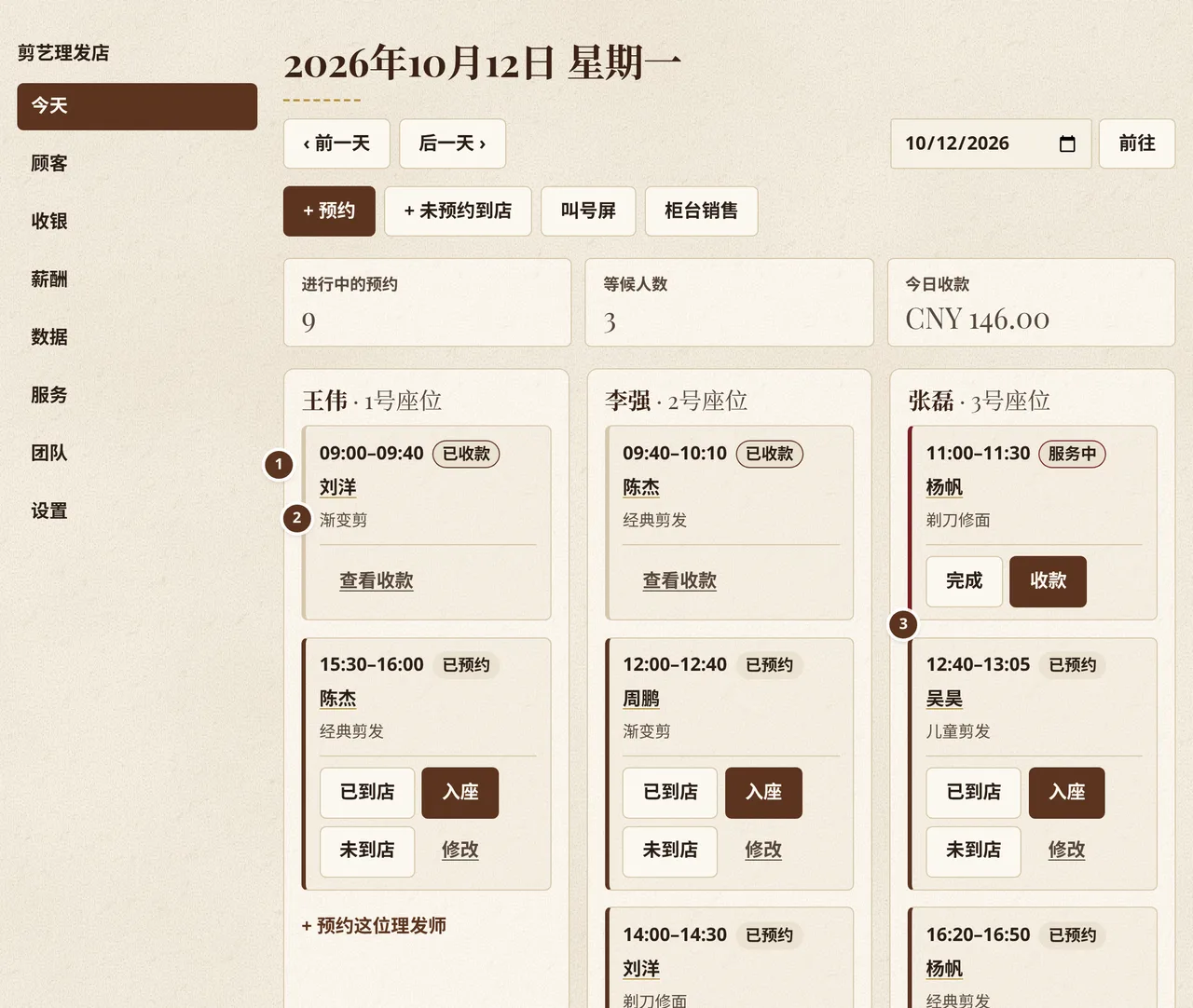 Corte y Barba 的预约表：三位理发师各占一列，显示已收款、理发中和待到店的预约