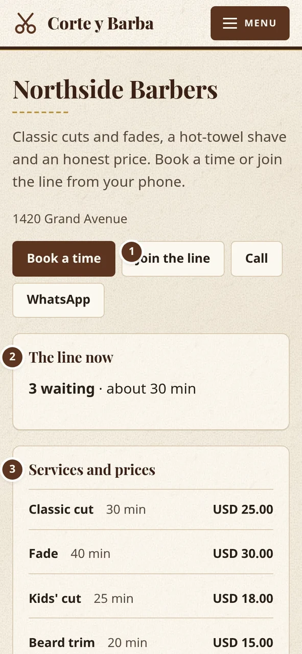 A barbershop's public page on a phone: a button to book, the line right now and the list of services with prices