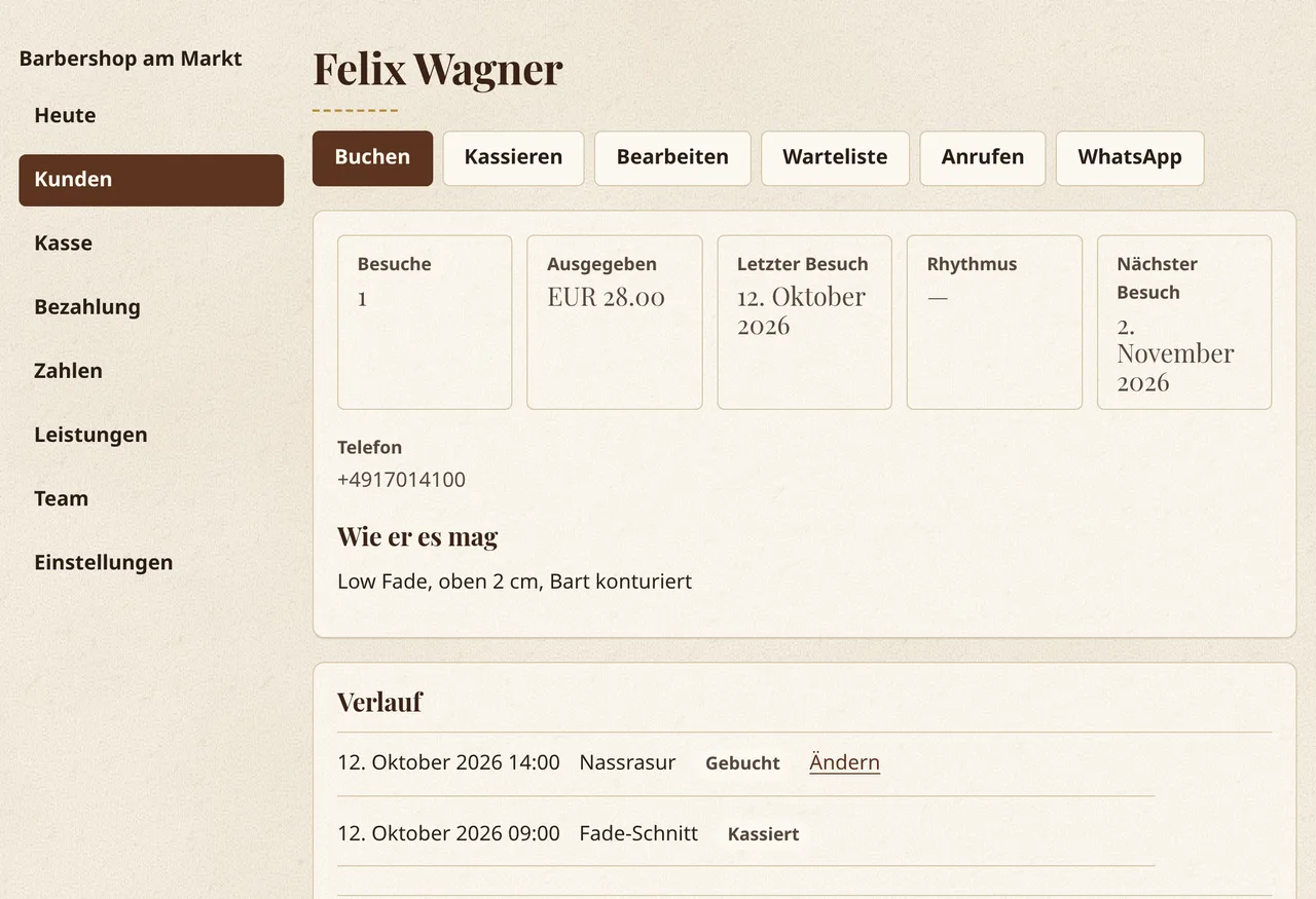 Die Kundenkarte in Corte y Barba: Besuche, Umsatz, letzter Besuch, Wunschschnitt und Verlauf