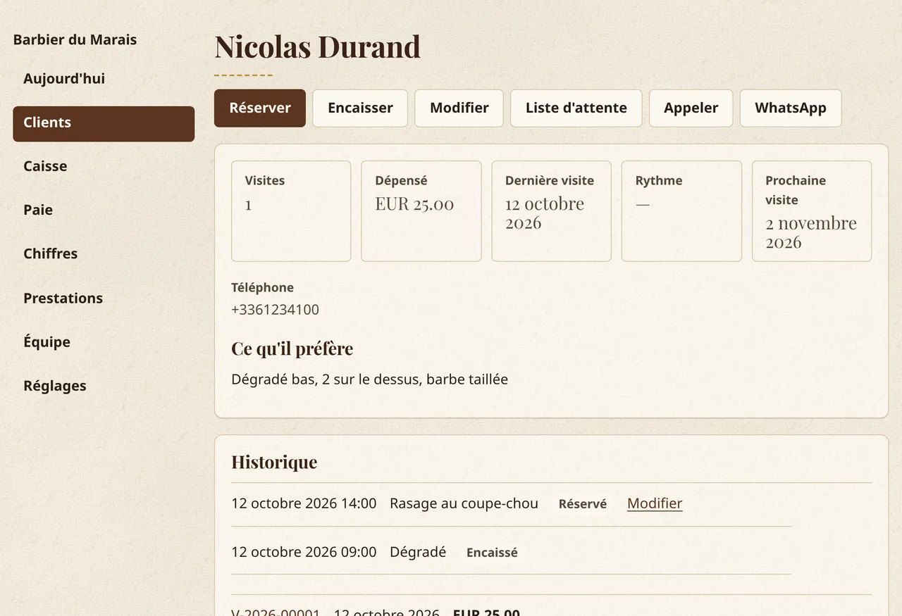 La fiche d'un client dans Corte y Barba : visites, dépenses, dernière visite, coupe préférée et historique