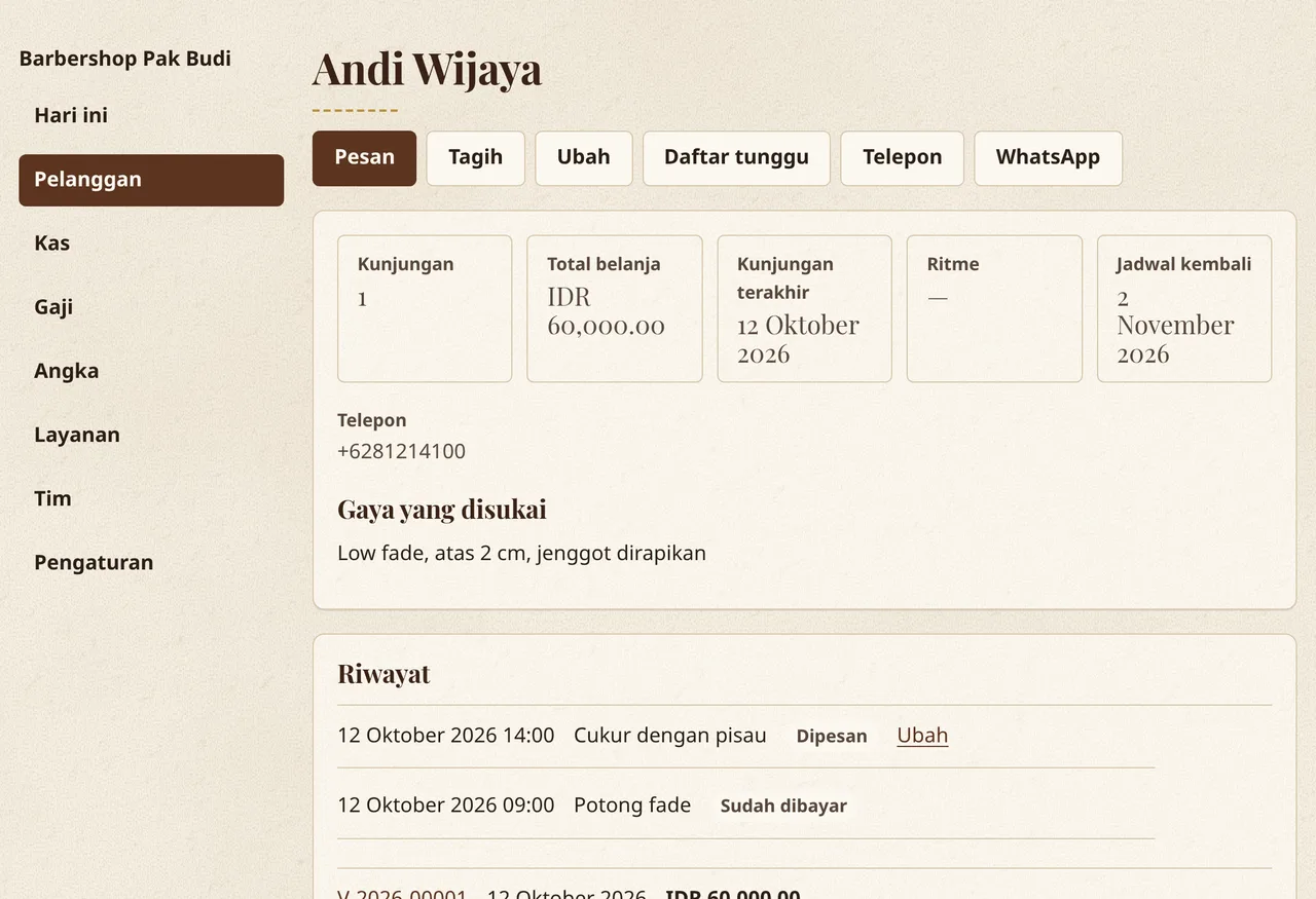 Kartu pelanggan di Corte y Barba: kunjungan, belanja, kunjungan terakhir, potongan favorit, dan riwayat