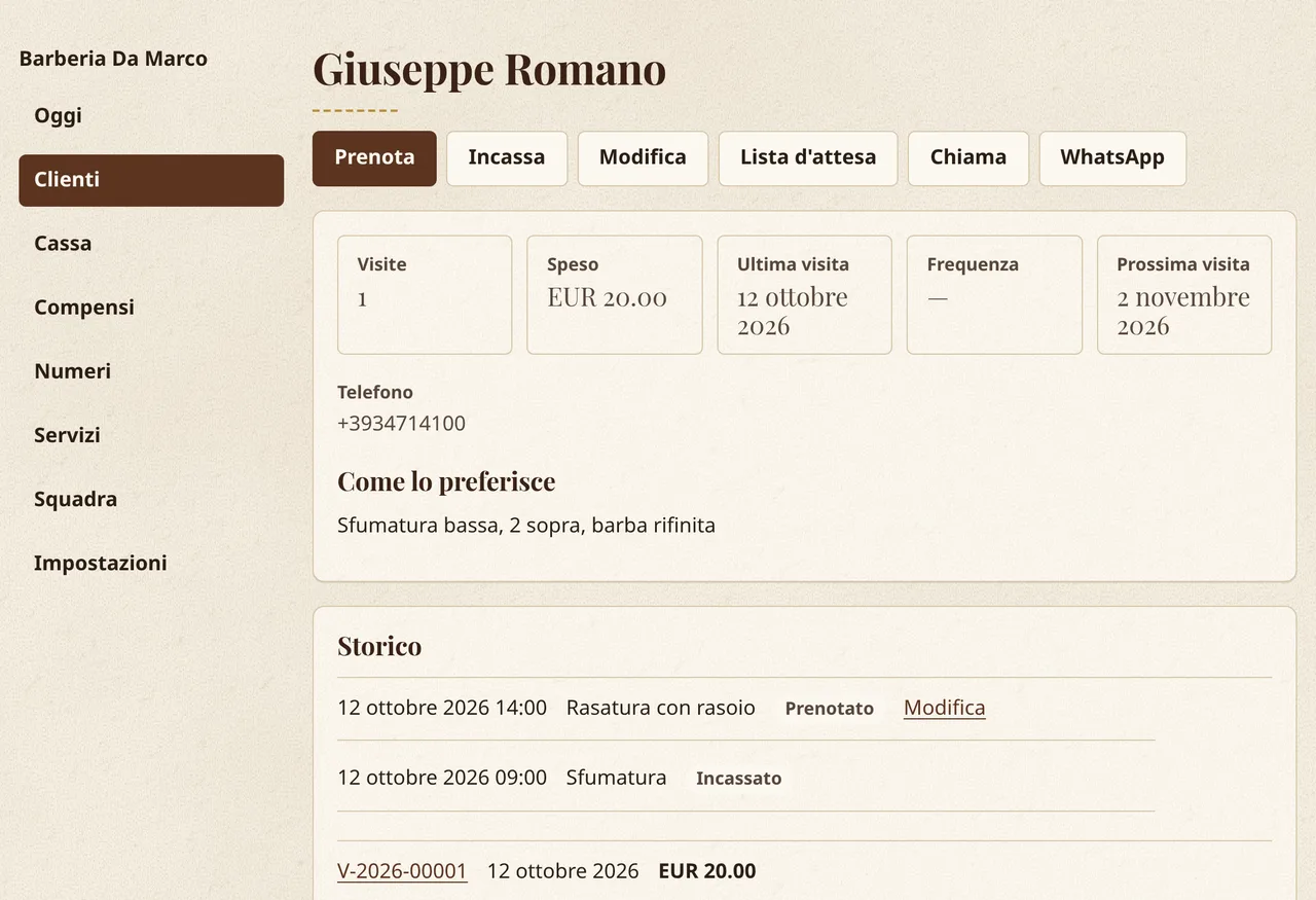La scheda di un cliente in Corte y Barba: visite, spesa, ultima visita, come preferisce il taglio e storico