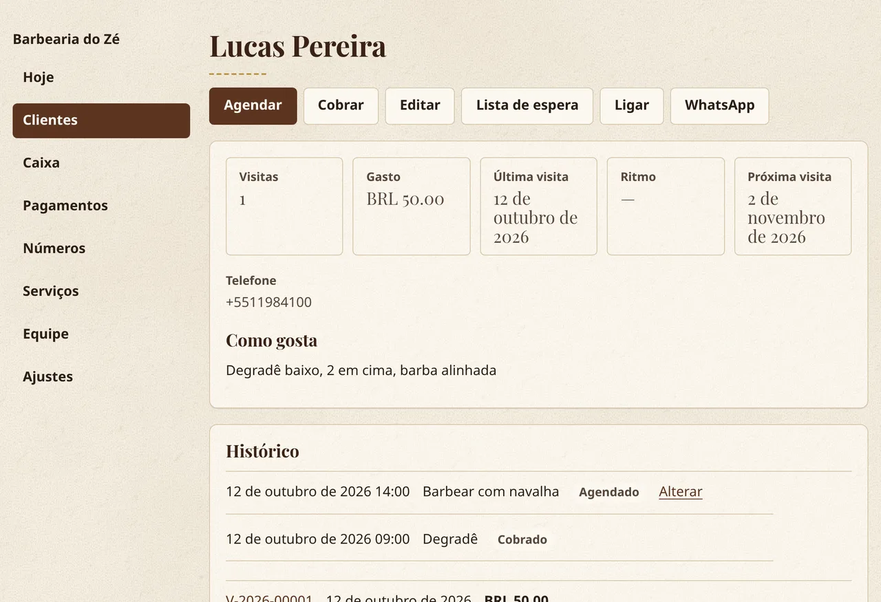 A ficha de um cliente no Corte y Barba: visitas, gastos, última visita, como gosta do corte e histórico