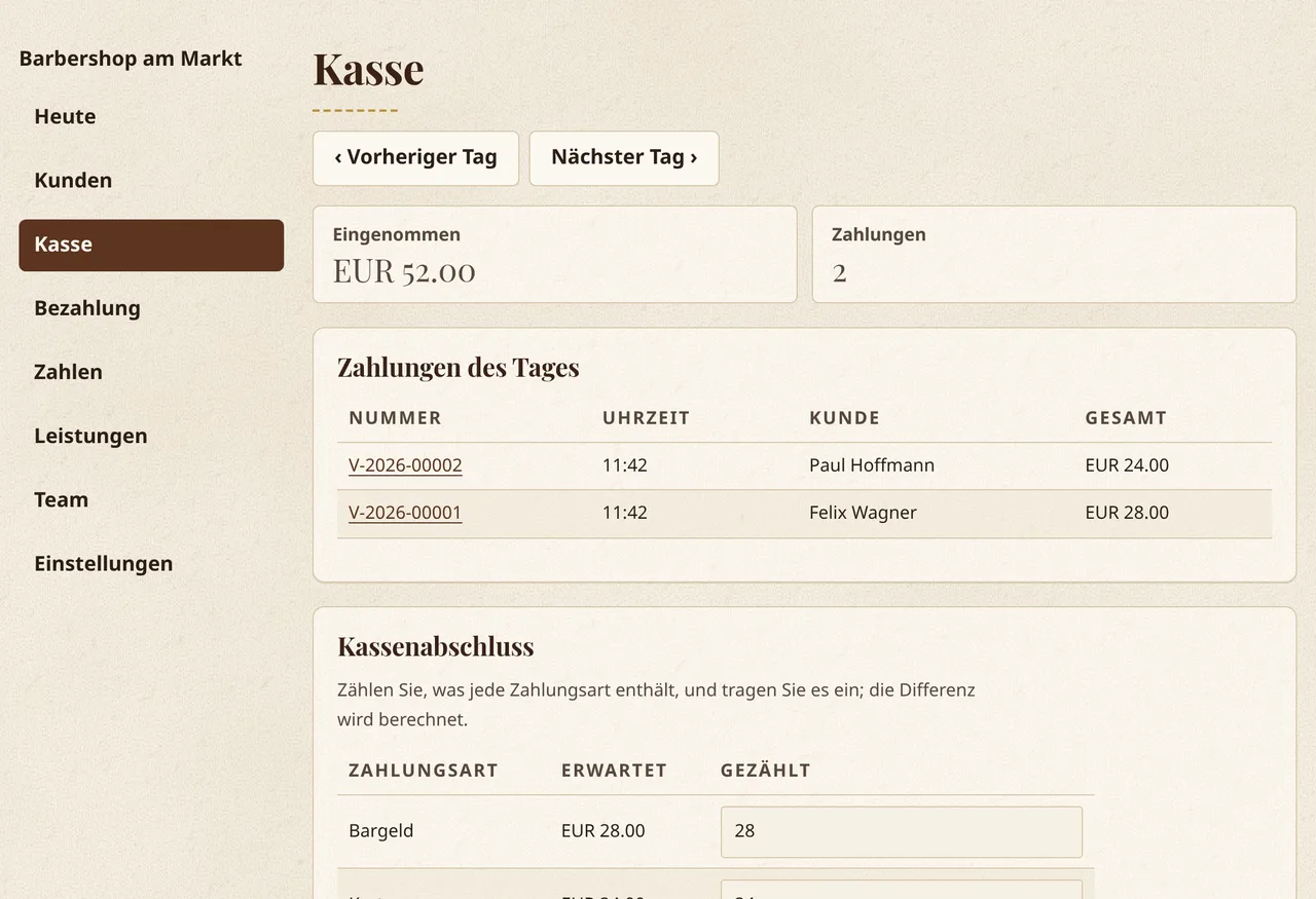 Die Tageskasse in Corte y Barba: Einnahmen, die Zahlungen des Tages und der Abschluss nach Zahlungsart