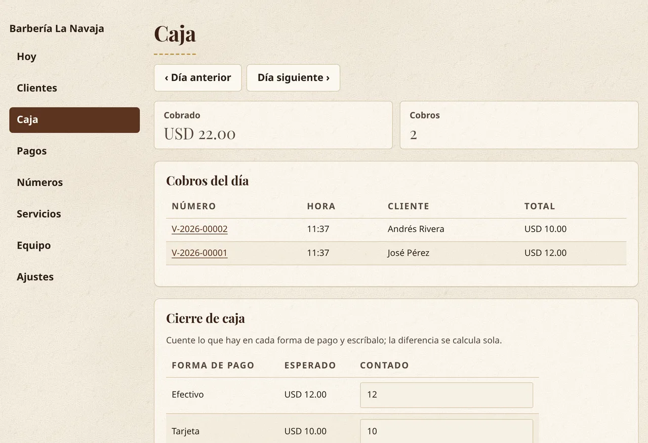 La caja del día en Corte y Barba: lo cobrado, los cobros del día y el cierre por forma de pago