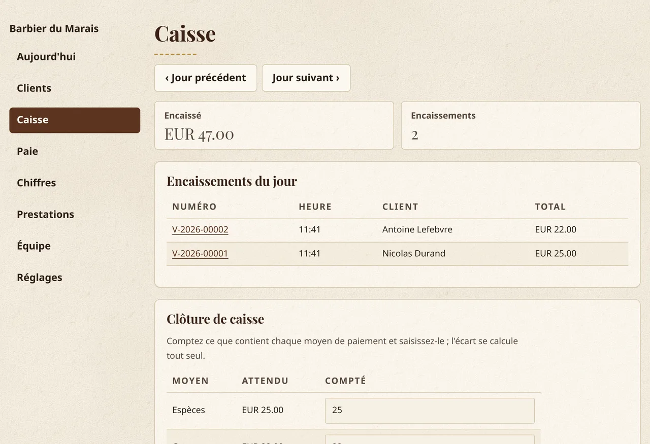 La caisse du jour dans Corte y Barba : le total encaissé, les encaissements du jour et la clôture par moyen de paiement