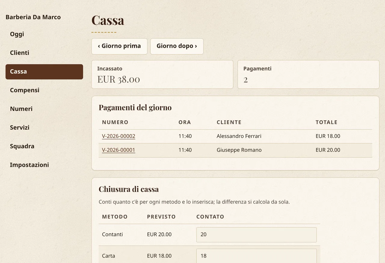 La cassa del giorno in Corte y Barba: l'incassato, gli incassi del giorno e la chiusura per metodo di pagamento