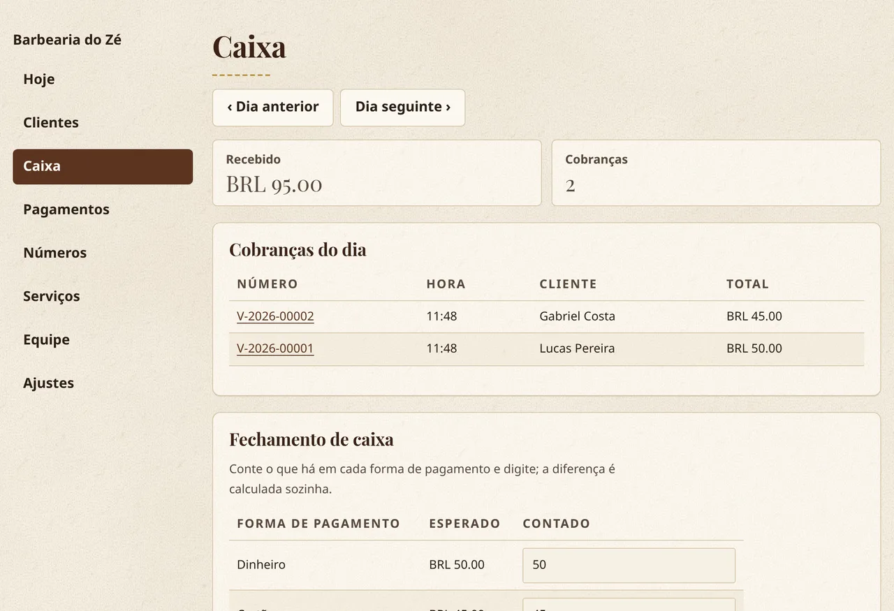 O caixa do dia no Corte y Barba: o valor cobrado, as cobranças do dia e o fechamento por forma de pagamento